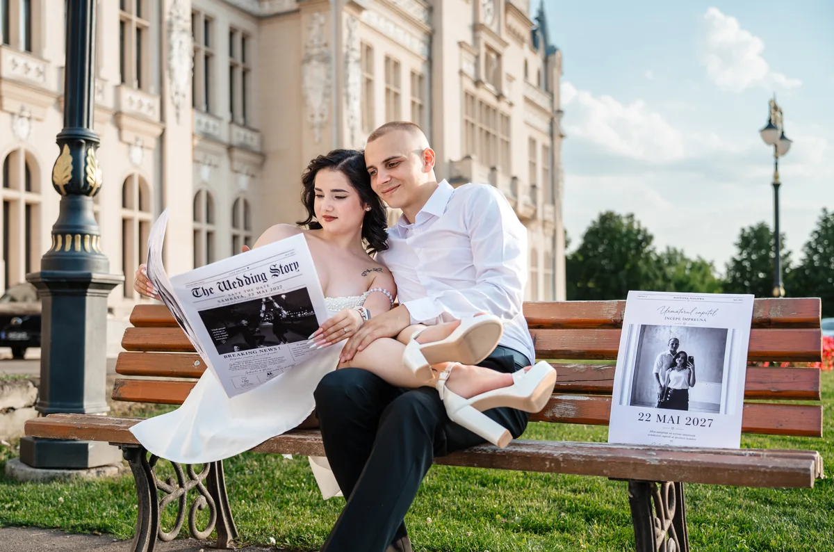 Save the Date Iași – cuplu citind ziarul de nuntă în fața Palatului Culturii