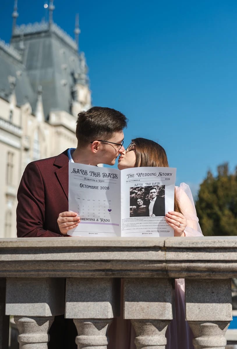 Save the Date Iași – sărut după ziarele cu data nunții, la Palatul Culturii
